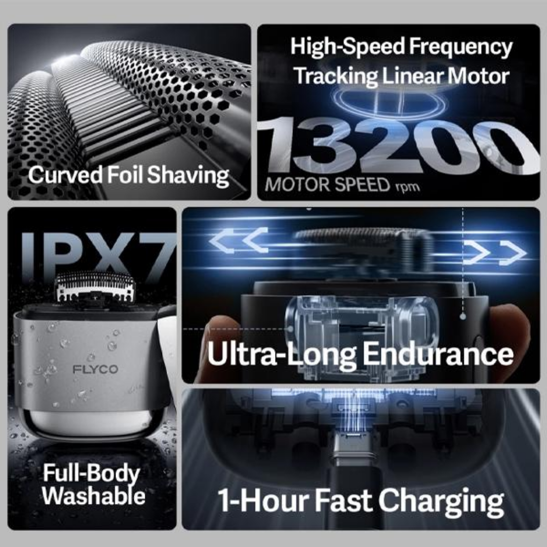 FLYCO F8 Portable Electric Foil Shaver – 3 Heads, IPX7 Washable