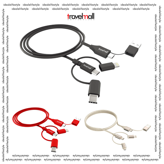 Travelmall Switzerland Multi-Tool Eco-Friendly 5-in-1 Intelligent Charging Cable with Lightning, USB-C, Micro-USB, USB-A and USB-C connectors.