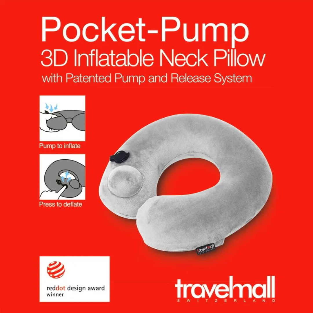 Travelmall Pocket-Pump Inflatable Neck Pillow | Patented 3D Pump, Red Dot Award, Hygienic, Foldable Travel Pillow
