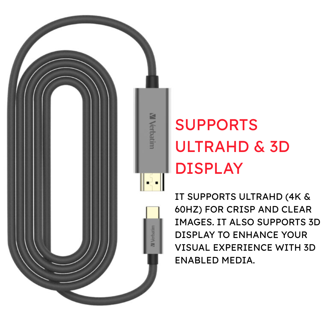 Verbatim USB-C to HDMI 4K Cable 2m | 4K @ 60Hz Ultra HD | HDMI 2.0 18Gbps | HDCP 2.2 Support for Netflix & Streaming | Plug & Play for Laptops, Tablets & Smartphones | 2-Year Warranty