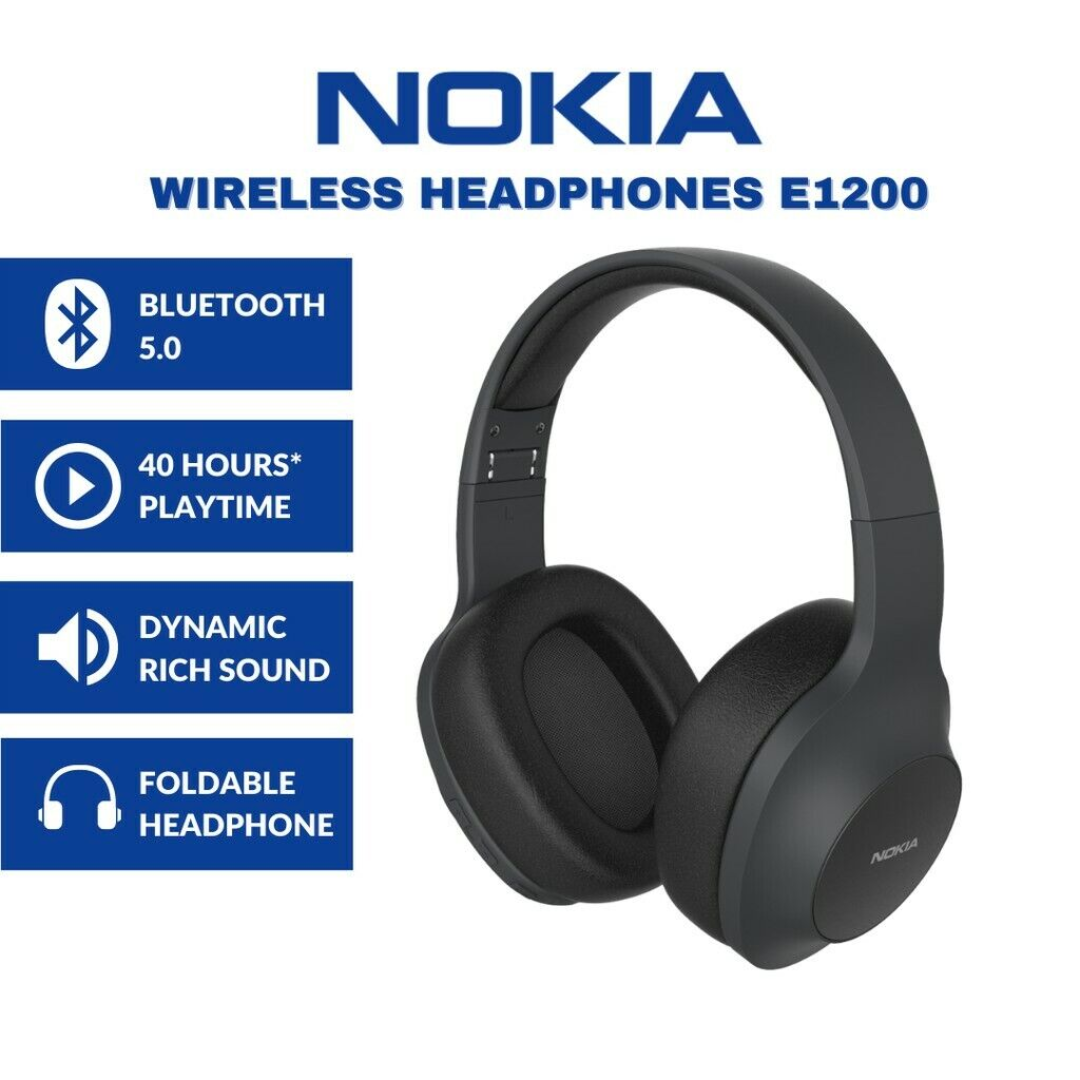 Nokia E1200 Wireless Headphones, Bluetooth 5.0, Headset, Built-in Microphone, Wireless, 0.1 inch (3.5 mm), AUX Wired, Up to 40 Hours of Continuous Playback, Foldable