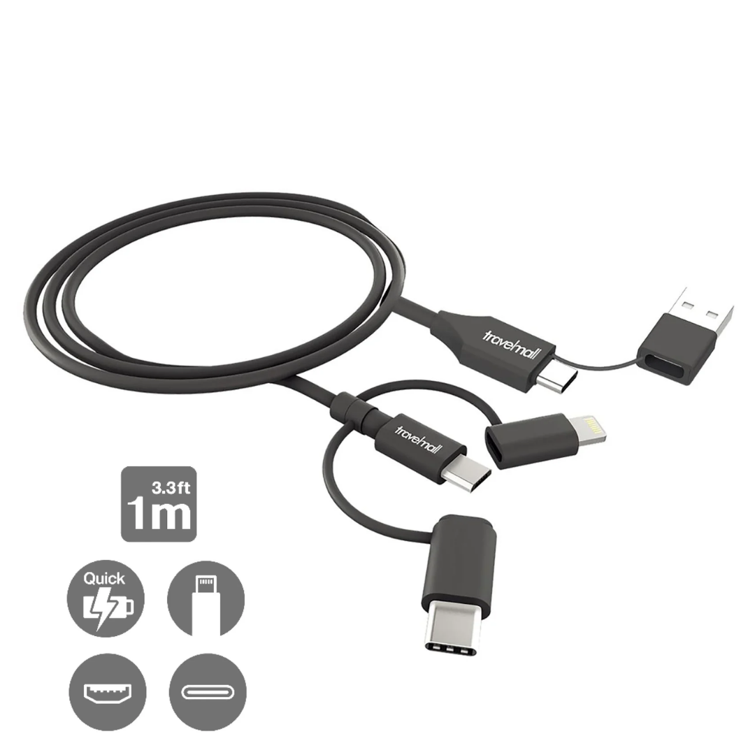Travelmall Switzerland Multi-Tool Eco-Friendly 5-in-1 Intelligent Charging Cable with Lightning, USB-C, Micro-USB, USB-A and USB-C connectors.