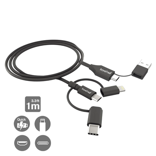 Travelmall Switzerland Multi-Tool Eco-Friendly 5-in-1 Intelligent Charging Cable with Lightning, USB-C, Micro-USB, USB-A and USB-C connectors.