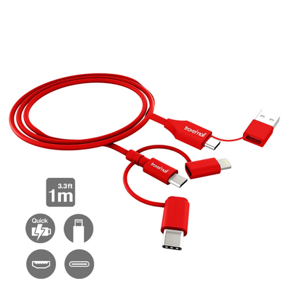 Travelmall Switzerland Multi-Tool Eco-Friendly 5-in-1 Intelligent Charging Cable with Lightning, USB-C, Micro-USB, USB-A and USB-C connectors.