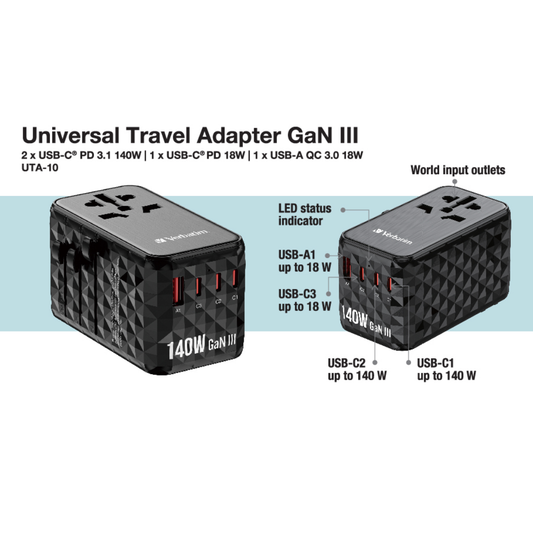 Verbatim GaN III 140W Universal Travel Adapter (UTA-10)