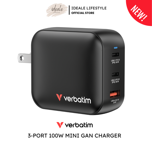 Verbatim 100W Mini GaN Charger | 3-Port Fast Charging (2x USB-C PD 3.0 / 1x USB-A QC 3.0) | PPS High-Speed Power Station for Laptops & Flagship Smartphones | UK/EU Travel Adapters Included