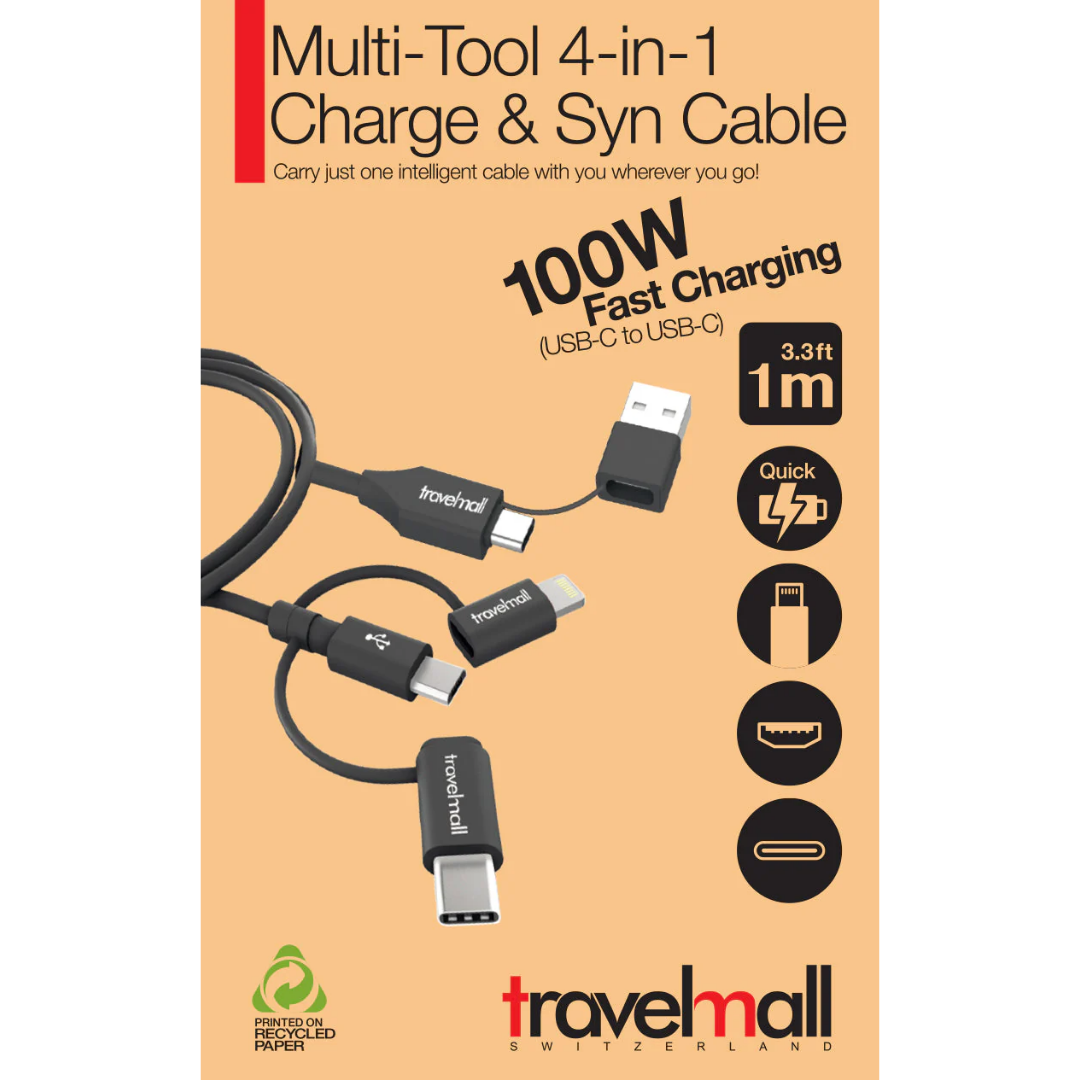 Travelmall Switzerland Multi-Tool Eco-Friendly 5-in-1 Intelligent Charging Cable with Lightning, USB-C, Micro-USB, USB-A and USB-C connectors.
