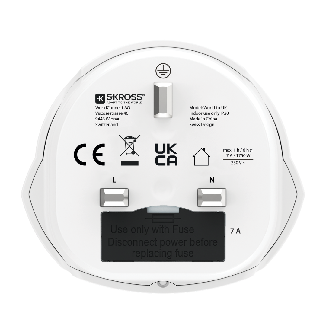 SKROSS World to UK Travel Adapter (7A / 1750W Max) | Universal Plug with Replaceable Fuse for UK, Ireland & UAE