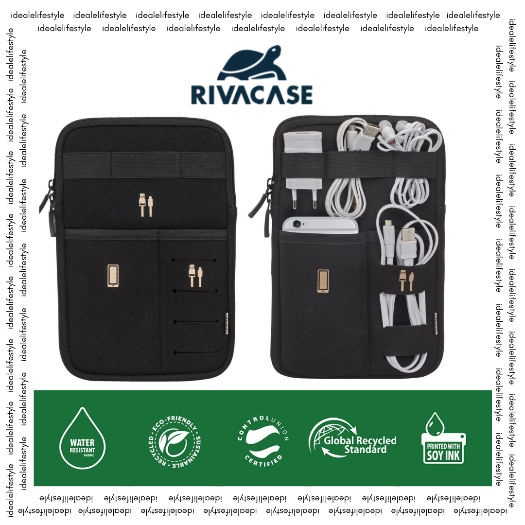 ALT: Inside view of RIVACASE 5612 – tablet, cables, and accessories neatly organized