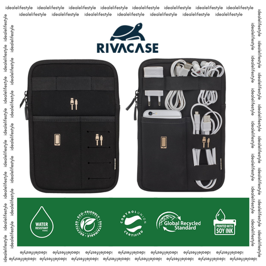 ALT: Inside view of RIVACASE 5612 – tablet, cables, and accessories neatly organized