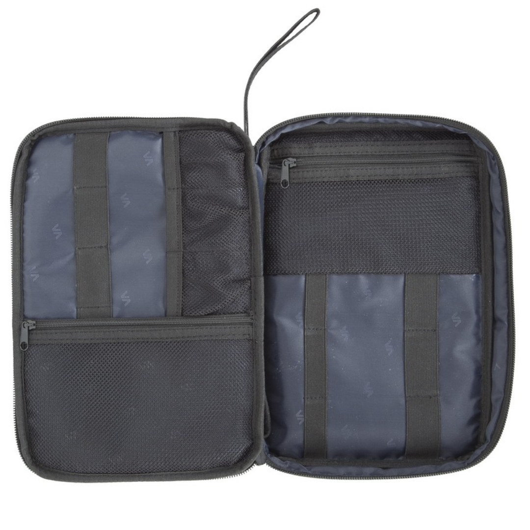 Empty Rivacase Biscayne 5632 interior layout showing 2 zippered mesh pockets, 5 elastic mesh pockets, and 9 elastic loops