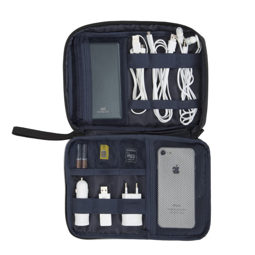 Rivacase Biscayne 5632 travel pouch holding cables, USB drives, power bank, and earphones