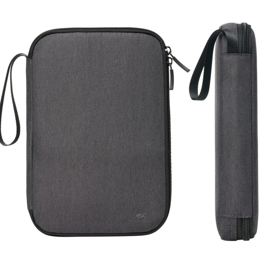 Side view of slim and compact gadget organizer pouch