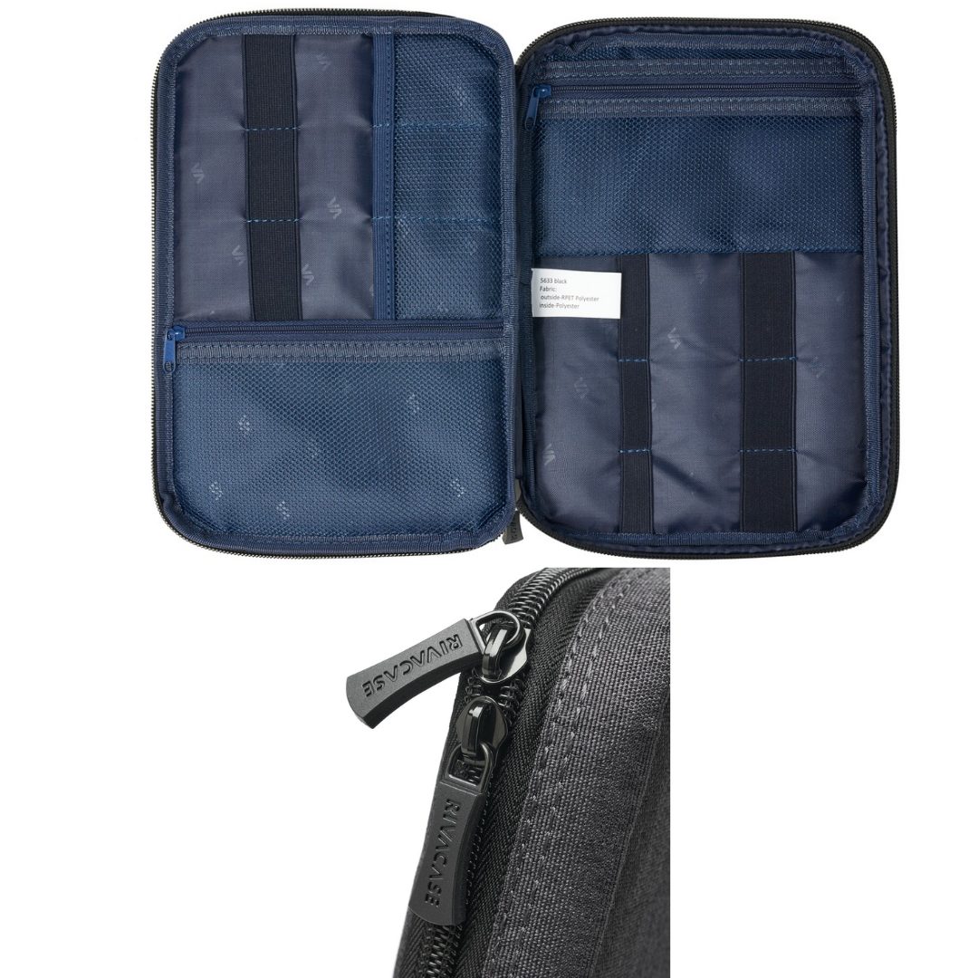 Open RIVACASE travel organizer showing mesh pockets and elastic loops