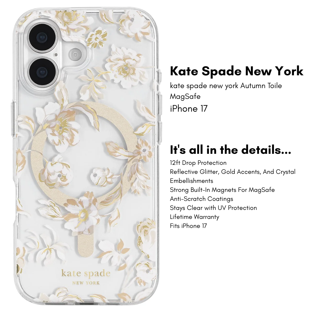 Kate Spade New York iPhone 17 MagSafe Case – Drop Protection | Floral, Glitter, Clear | Autumn Toile, Cherry Dot