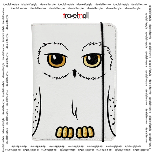 Official Harry Potter Hedwig PU Leather Passport Holder and Travel Wallet featuring Hedwig’s yellow eyes, 4 card slots, and inner HEDWIG print.
