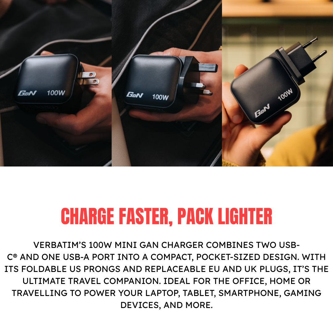 Verbatim 100W Mini GaN Charger | 3-Port Fast Charging (2x USB-C PD 3.0 / 1x USB-A QC 3.0) | PPS High-Speed Power Station for Laptops & Flagship Smartphones | UK/EU Travel Adapters Included