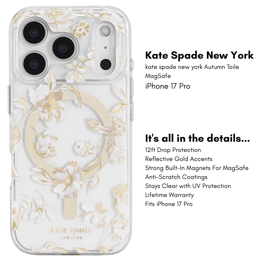 Kate Spade New York iPhone 17 MagSafe Case – Drop Protection | Floral, Glitter, Clear | Autumn Toile, Cherry Dot