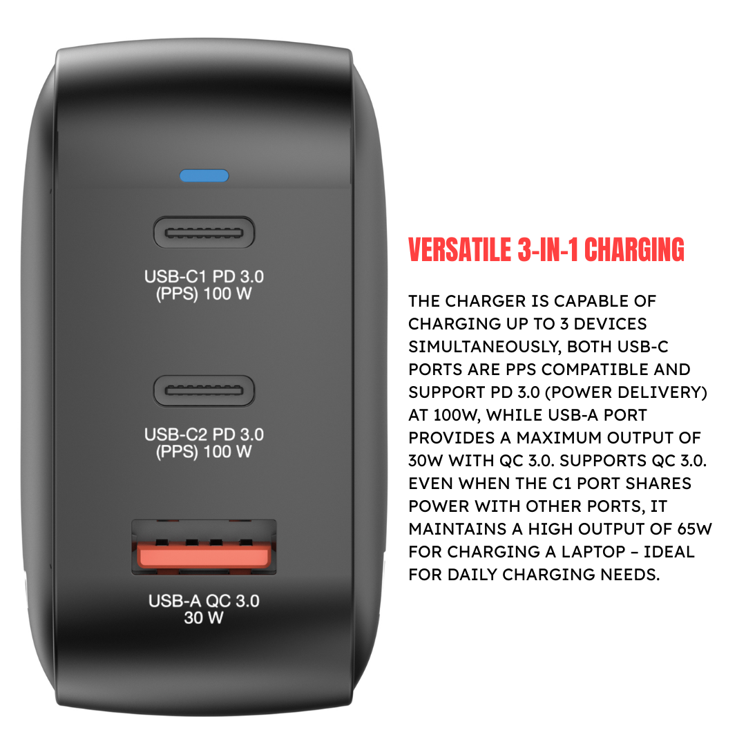 Verbatim 100W Mini GaN Charger | 3-Port Fast Charging (2x USB-C PD 3.0 / 1x USB-A QC 3.0) | PPS High-Speed Power Station for Laptops & Flagship Smartphones | UK/EU Travel Adapters Included