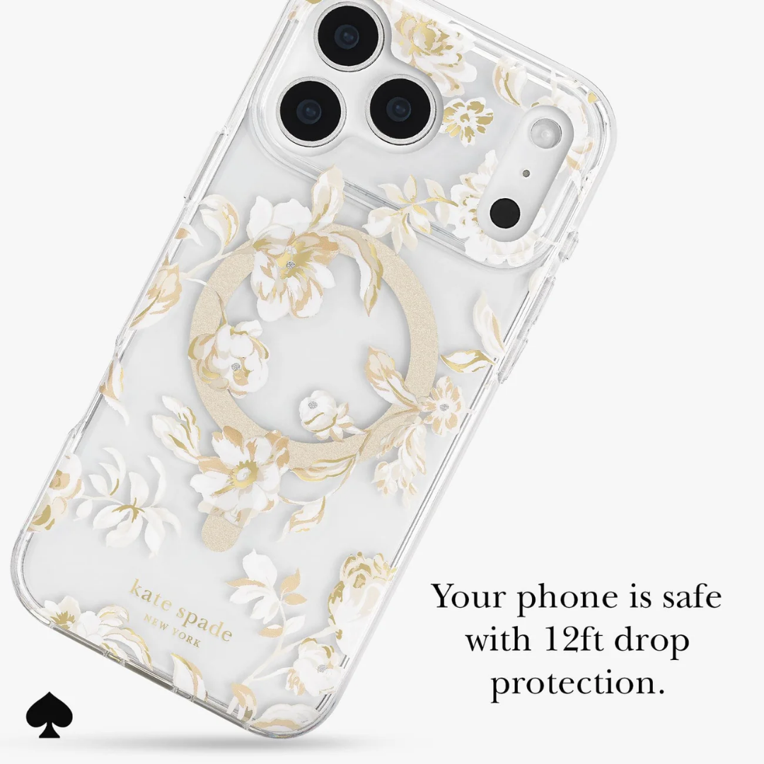 Kate Spade New York iPhone 17 MagSafe Case – Drop Protection | Floral, Glitter, Clear | Autumn Toile, Cherry Dot