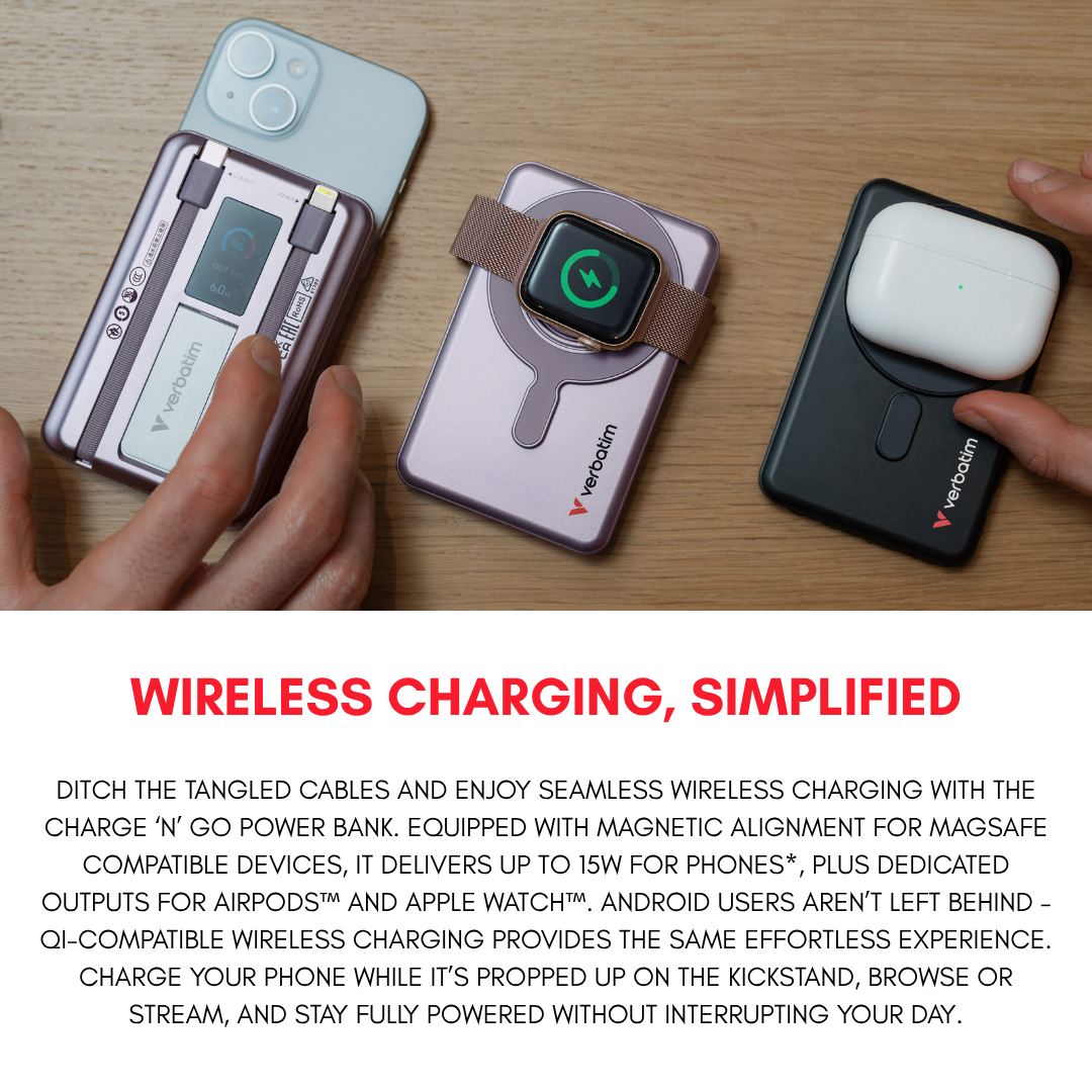 Verbatim 10000mAh 5-in-1 Magnetic Wireless Power Bank | Built-in USB-C & Lightning Cables