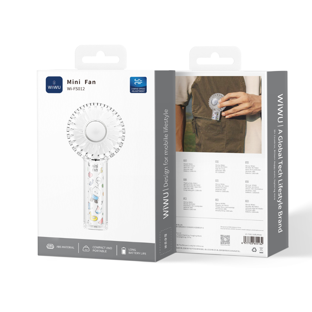 WiWU Aeromini lightweight portable fan packaged in a retail box, featuring a compact design and USB rechargeable battery for convenient personal cooling on the go.