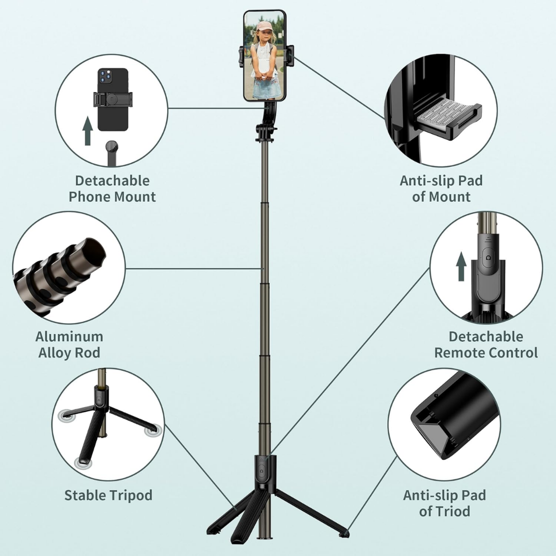 WiWU Wi-SE001 Detachable Tripod Selfie Stick For Cell Phone Selfie Stick Tripod with Detachable Phone Holder, Aluminium Selfie Stick with Wireless Remote, 360 Rotation Extendable Phone Tripod