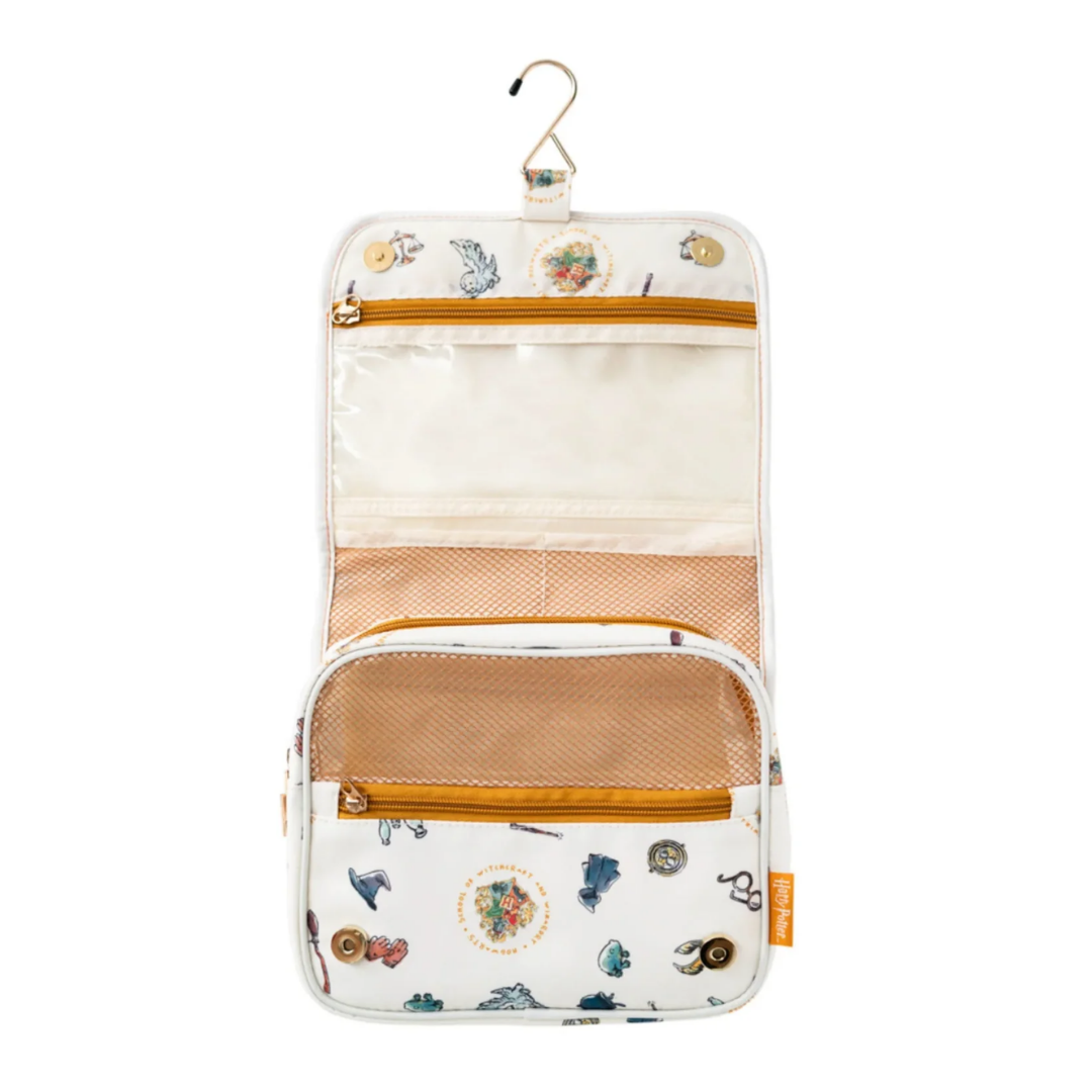 Official Harry Potter Hogwarts Toiletry Bag by Travelmall with hanging hook, zippered compartments, and carry handle – compact and foldable travel organizer.