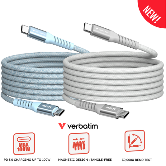 Verbatim 100W Magnetic USB-C to USB-C Cable 1.2M | Tangle-Free Self-Organizing Fast Charging Cord | PD 3.0 100W for Laptops & Flagship Smartphones | 30,000+ Bend Test Braided Cable