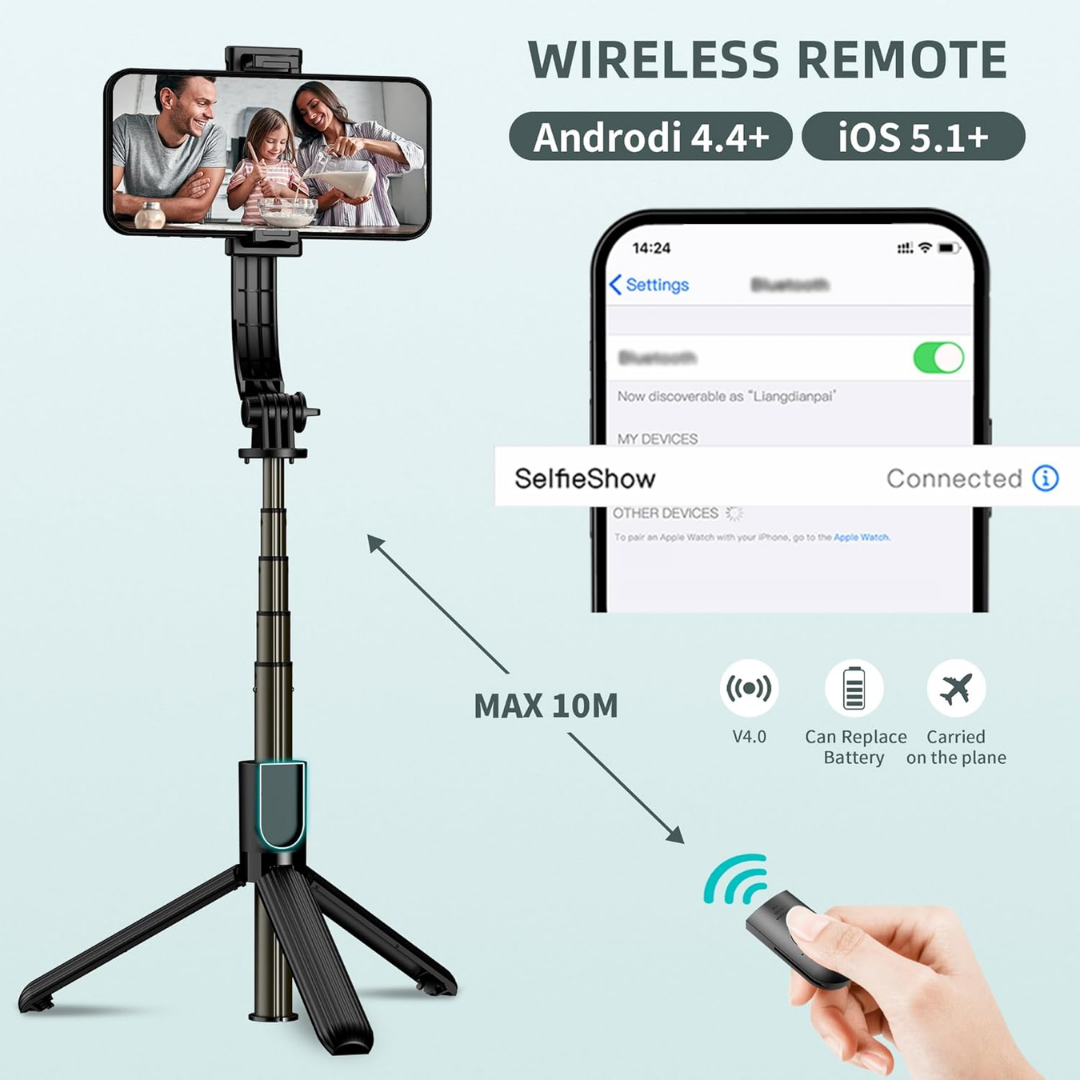 WiWU Wi-SE001 Detachable Tripod Selfie Stick For Cell Phone Selfie Stick Tripod with Detachable Phone Holder, Aluminium Selfie Stick with Wireless Remote, 360 Rotation Extendable Phone Tripod