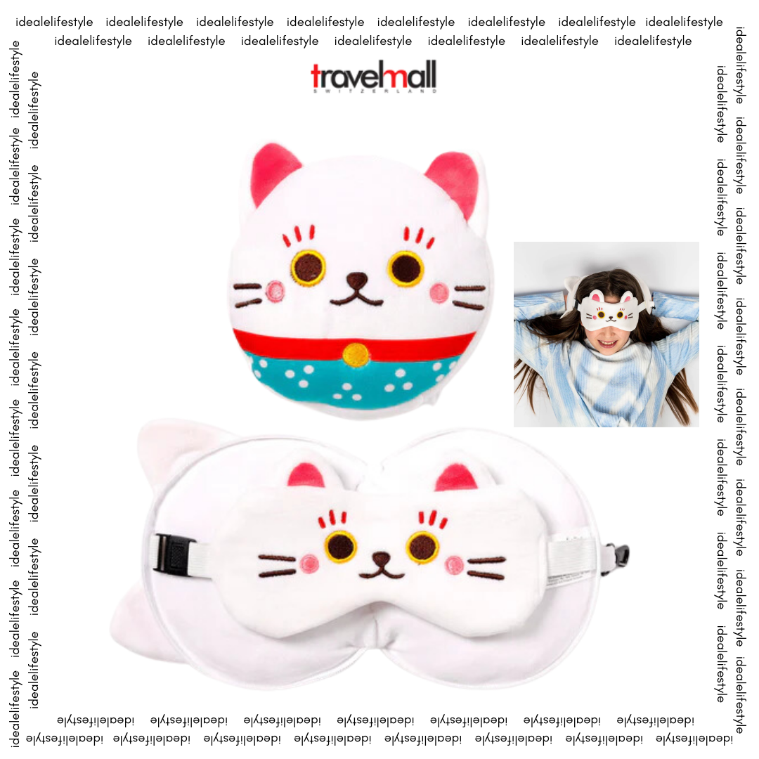 Travelmall 3D Maneki Neko Shaped Travel Pillow & with Eye Mask Set