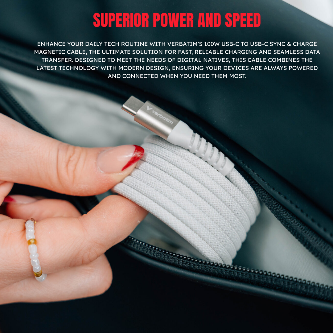 Verbatim 100W Magnetic USB-C to USB-C Cable 1.2M | Tangle-Free Self-Organizing Fast Charging Cord | PD 3.0 100W for Laptops & Flagship Smartphones | 30,000+ Bend Test Braided Cable