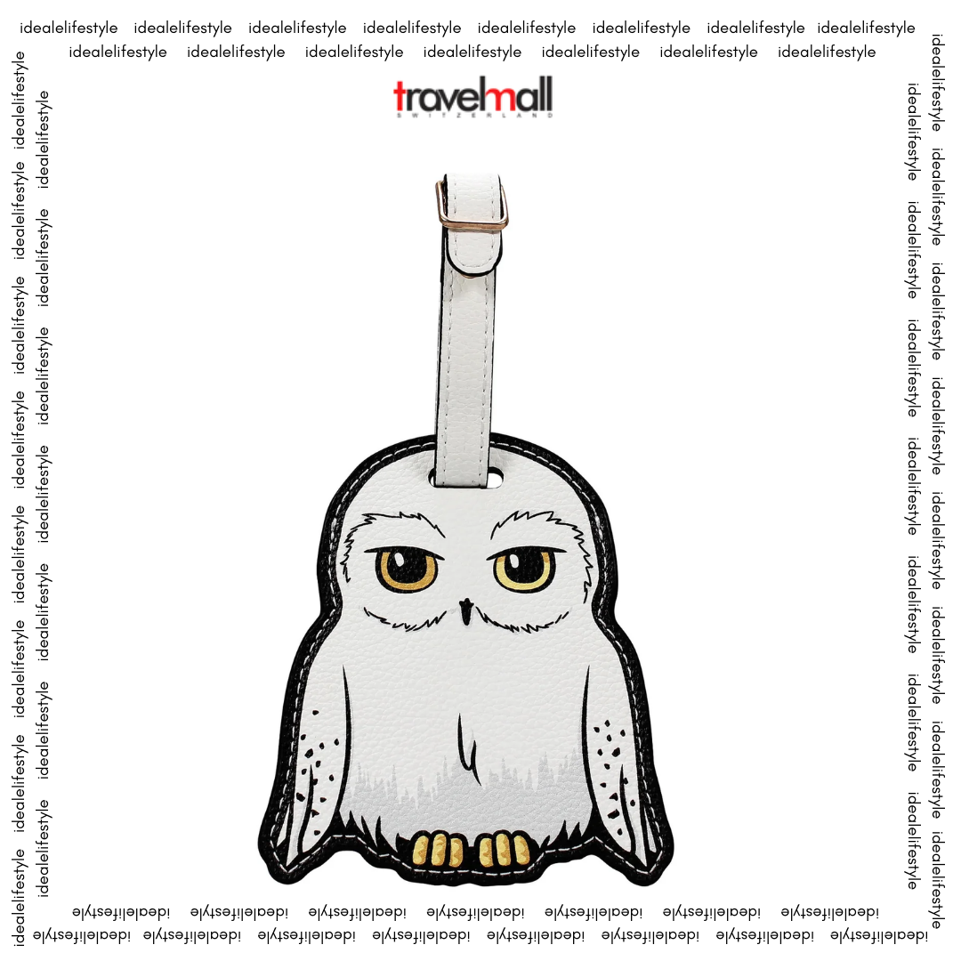 Official Harry Potter Hedwig PU Leather Luggage Tag with yellow eyes, clear contact window, and buckle strap – ideal travel accessory for fans.