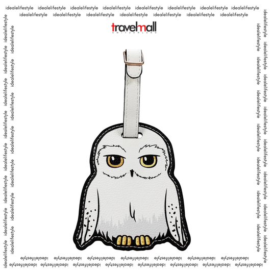 Official Harry Potter Hedwig PU Leather Luggage Tag with yellow eyes, clear contact window, and buckle strap – ideal travel accessory for fans.