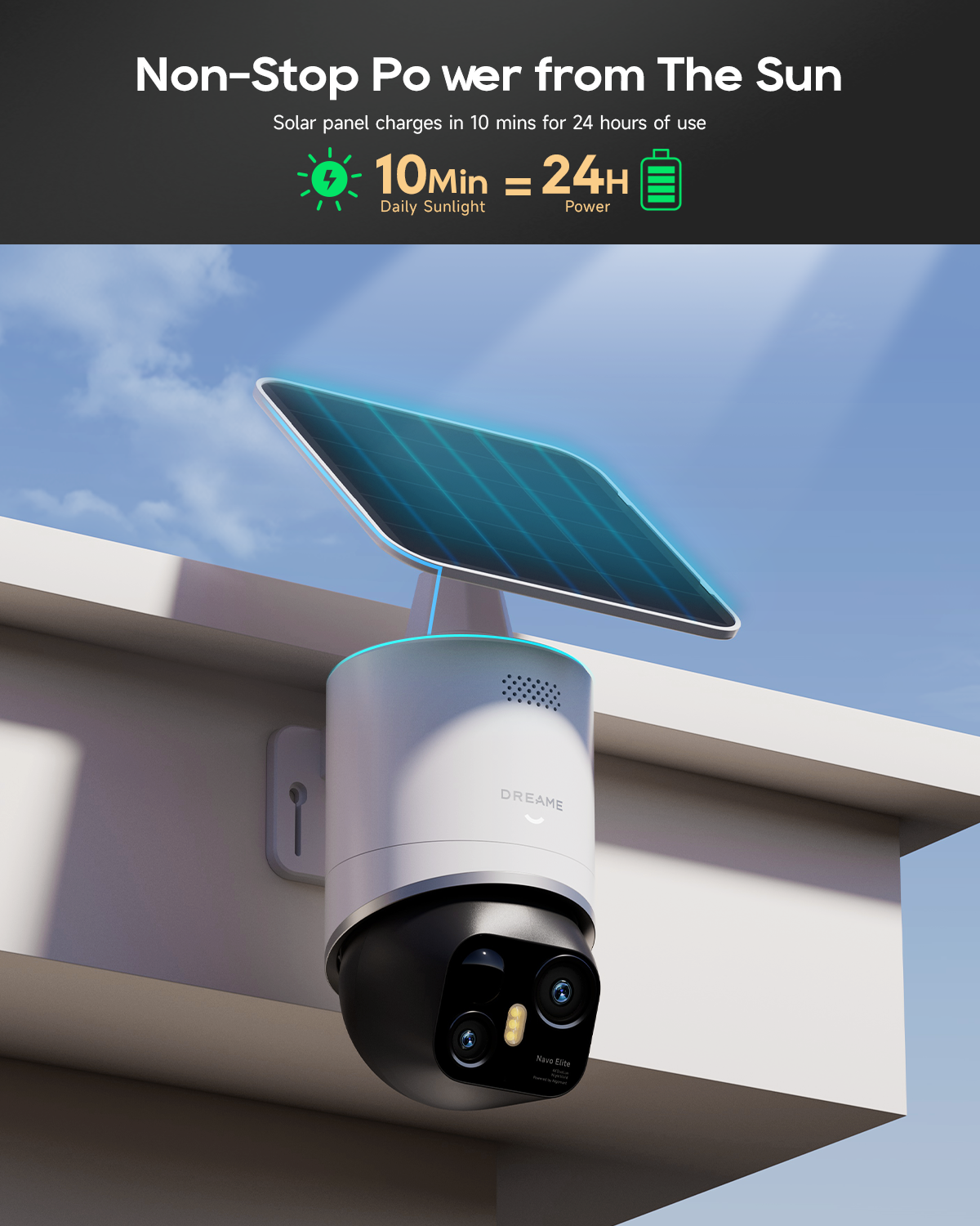 Dreame NAVO Elite 1 OutCam 4K Dual Lens Outdoor Security Camera IPX7 Waterproof Solar Powered AI Human Tracking WiFi Camera Night Vision