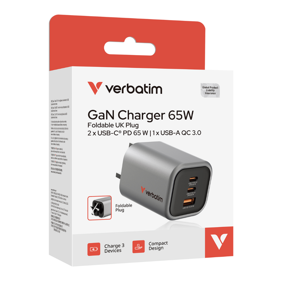 Verbatim GCF65 65W GaN Charger | 3-Port USB-C PD 3.0 & USB-A QC 3.0 | Ultra-Compact Foldable UK Plug | PPS Super Fast Charging for Laptops, Tablets & Smartphones - Buy Now!