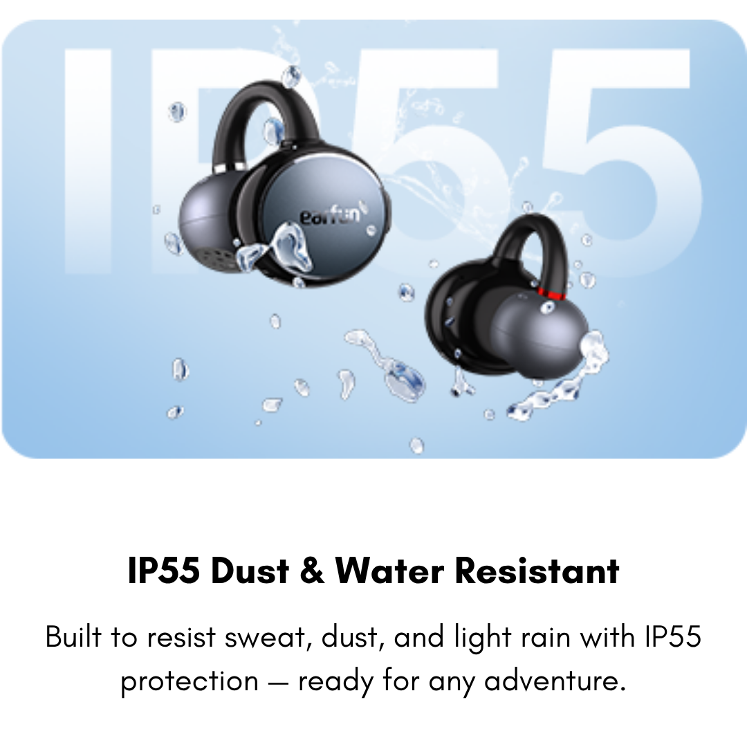 User wearing EarFun Clip during a workout – IP55 water & sweat-resistant