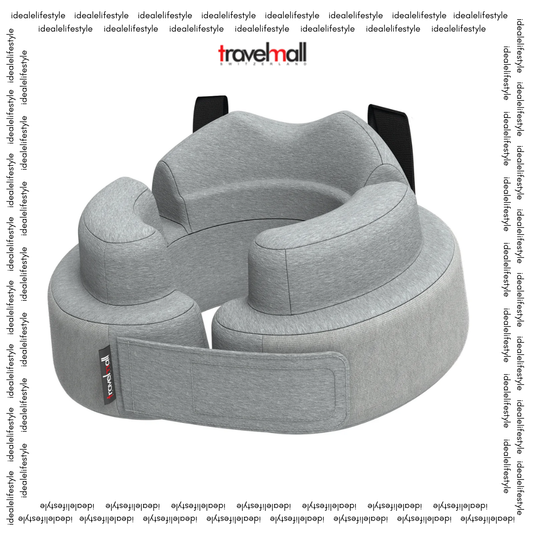 Travelmall Eco-Friendly Comfort-Bounce Memory Foam Neck Pillow with 3D ergonomic design, seat strap, front velcro, and recycled bottle fabric cover.