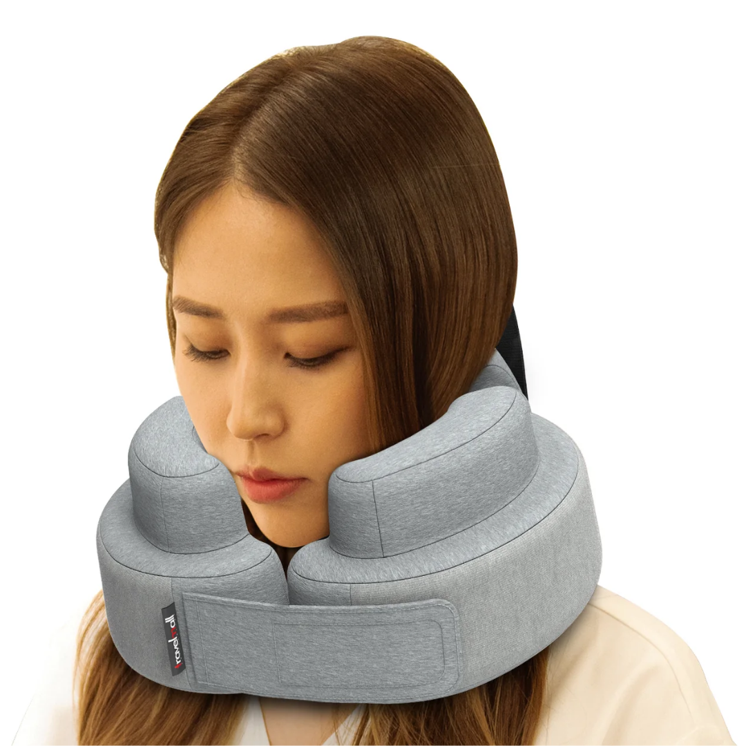 Travelmall Eco-Friendly Comfort-Bounce Memory Foam Neck Pillow with 3D ergonomic design, seat strap, front velcro, and recycled bottle fabric cover.