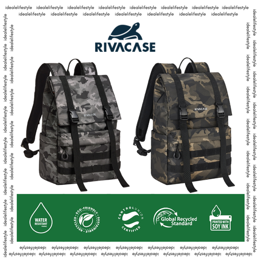 Front view of Rivacase Sherwood 7621 ECO 15L Rolltop Backpack in grey camo with MOLLE webbing and roll-top design