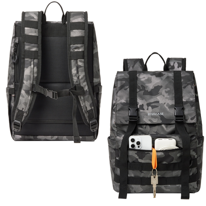 Front view of Rivacase Sherwood 7621 ECO 15L Rolltop Backpack in grey camo with MOLLE webbing and roll-top design