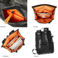 Interior of Rivacase 7621 rolltop backpack with bright orange lining, laptop sleeve, and inner zippered pocket