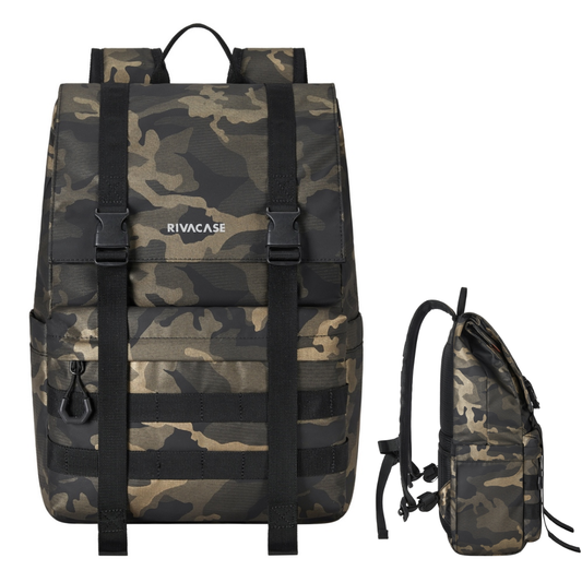 Person wearing Rivacase Sherwood 7621 ECO backpack outdoors, demonstrating tactical design and ergonomic fit