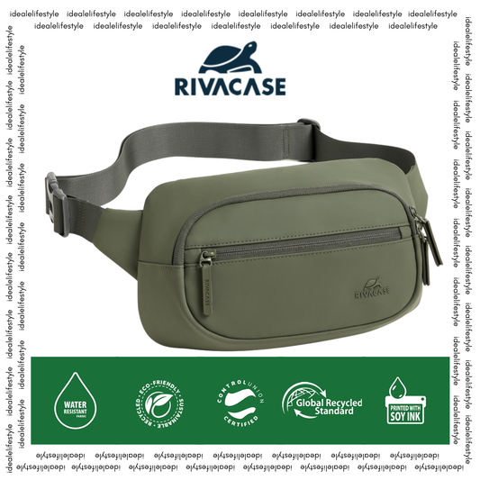 RIVACASE 7812 Eden-ECO Waist Bag Olive Green – front view with zippered pockets