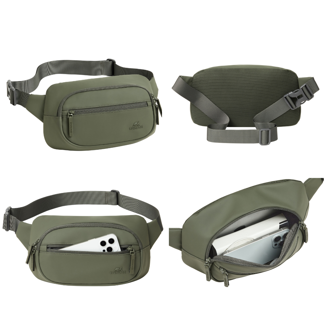 RIVACASE 7812 worn around the waist – Olive Green eco-friendly waist bag