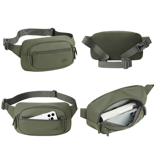 RIVACASE 7812 worn around the waist – Olive Green eco-friendly waist bag