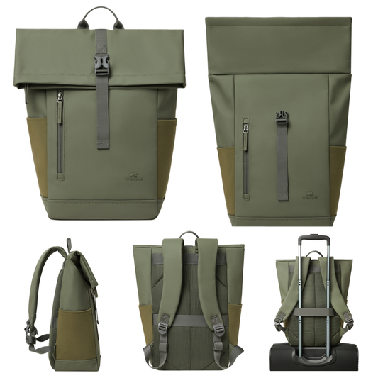 Front view of Rivacase Eden 7826 ECO roll-top backpack in waterproof RPET PU leather