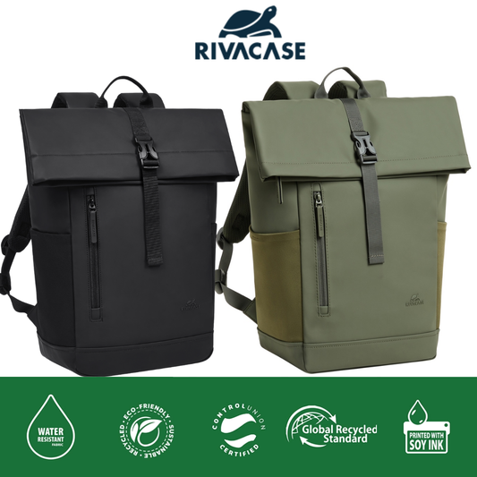 Front view of Rivacase Eden 7826 ECO roll-top backpack in waterproof RPET PU leather