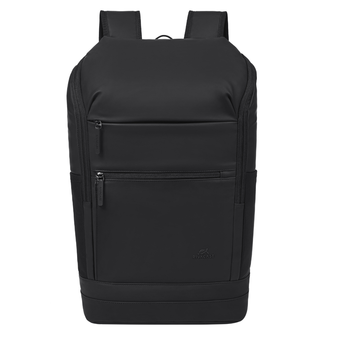 Front view of Rivacase Eden 7856 Olive Green ECO Urban Backpack with dual zippered pockets and sleek waterproof finish