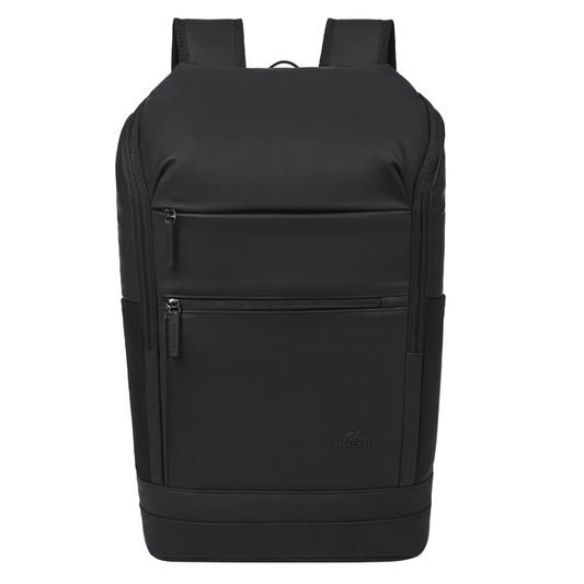 Front view of Rivacase Eden 7856 Olive Green ECO Urban Backpack with dual zippered pockets and sleek waterproof finish